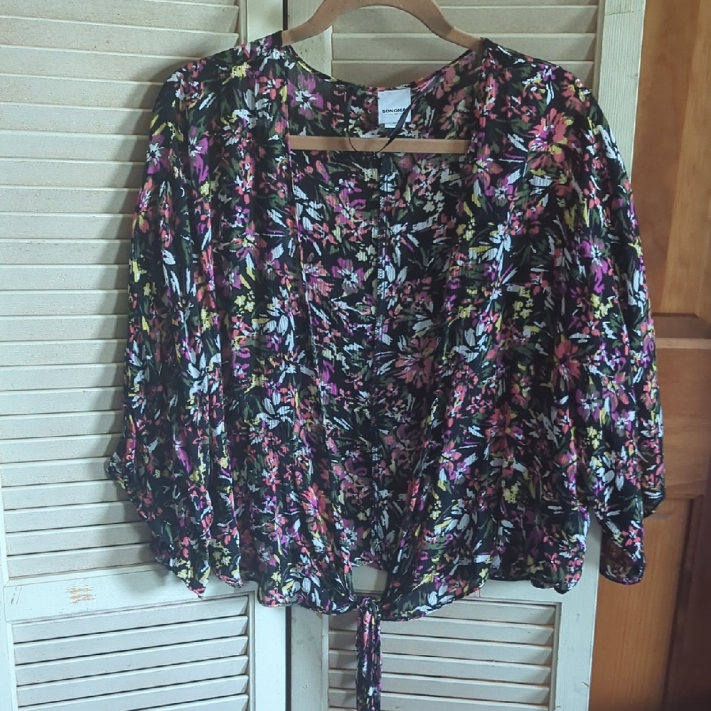 Sonoma Black and Pink Tie Front 3/4 Sleeve Cover up/Wrap